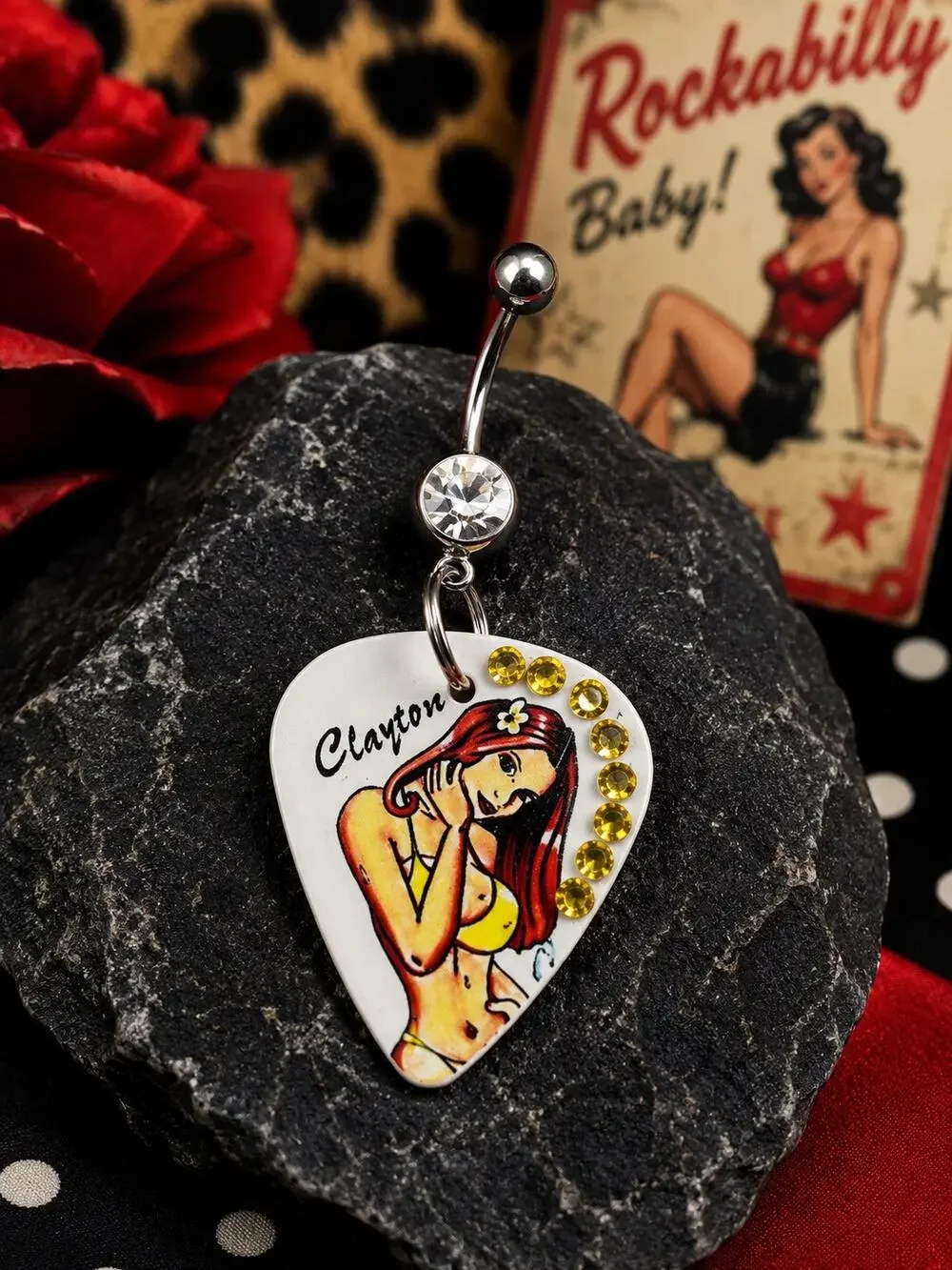 Handmade Pearlescent Redhead Pinup Girl Guitar Pick Belly Ring Rhinestone